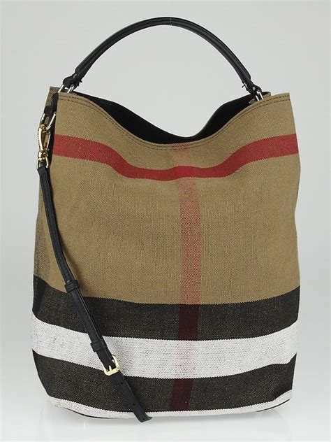 Black Leather and Canvas Check Medium Susanna Bucket Bag.